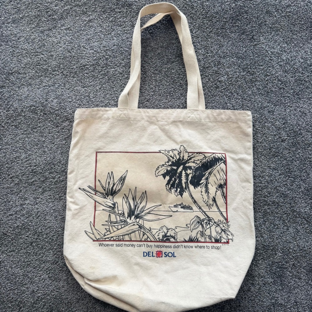 Del Sol Canvas Tote Bag Cream Tropical Palm Tree Cruise Ship Graphic 100% Cotton